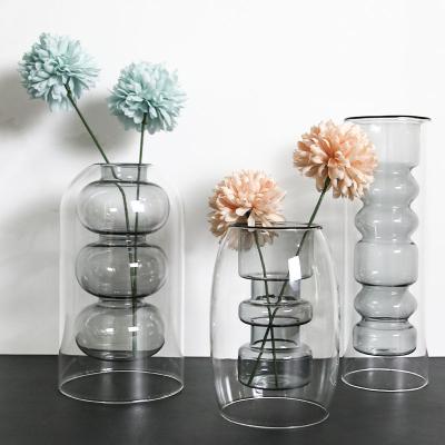 China Table modern simple glass transparent vase decoration double-layer personality hydroponic flower vase for sale