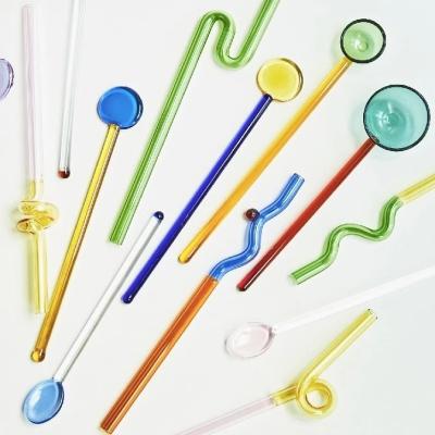 China Nordic Design Disposable Straw Long Stem Glass Straw Reusable Straw Lovely Coffee Mixing Color Glass Bar for sale