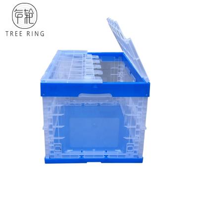 China Solid Industrial 65liter Flding Box Storage Bins Lockable Plastic Transparent Collapsing Crates With Lids for sale