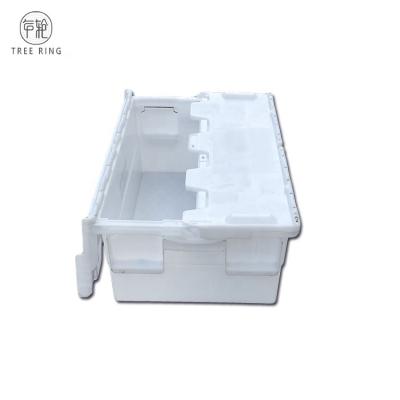 China Logo Recycled 30kgs - 50kgs Storage Materials Customer Turnover Recycling Logistics 30L Tote Bin With Hinged Plastic Lids For Textile Fabric Storage for sale