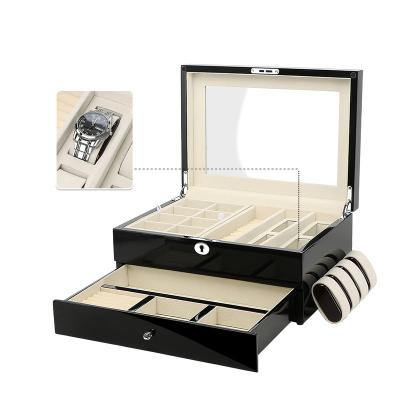 China Multifunctional Black Customizable Luxury High Gloss Wooden Watch Box Watch And Jewelry Storage Box Velvet And Luxurious Design for sale