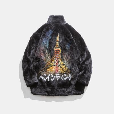 China High Quality Medium Length Doublet Eiffel Tower Plush Hand Painted Fur Jacket Breathable Fur Coat For Men for sale