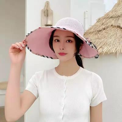 China Hot Sale Korean Style Folding Character Travel Plaid Pattern Women Outdoor Sun Visor Hats for sale