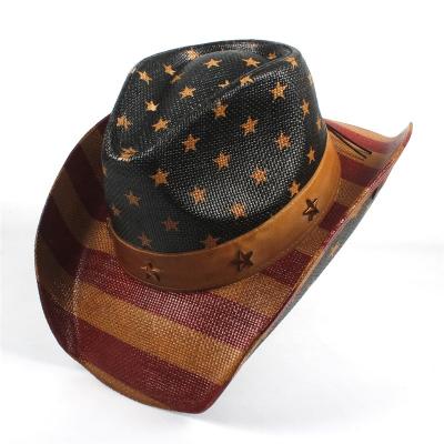 China High Quality Mens Striped Straw Cowboy Hat USA Paper American Flag Painting Straw Cowboy Hat Shapable Brim Sombreros USA Flag for sale