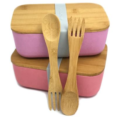 China Bamboo Picnic Food Storage Box Container Bento Lunch Box Spoon Freshness Keeping Fiber Utensils for sale