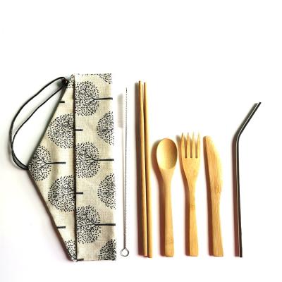 China Sustainable Wholesale Travel Bamboo Utensils Set With Bag Bamboo Cutlery Set Organic Flatware Set for sale