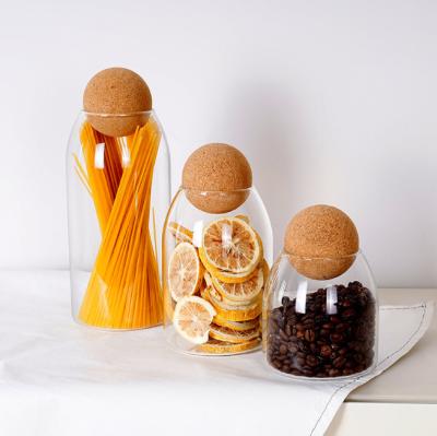 China New Style Sustainable Food Storage Bangs Lid Cork Ball Stopper Empty Glass Wooden Jar With Wooden Lid Cork Ball Stopper for sale