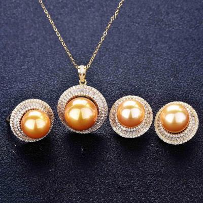 China Luxury Hyperbole Gold Pearl Jewelry Set Micro-Inlaid Diamond Stud Earrings Mother's Day Gift Pendant Opening Adjustable Ring for sale