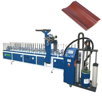 China Hotels Woodworking MDF PUR Automatic Hot Glue Profile Wrapping Hot Melt Adhesive Automatic Grill Cleaning Wood Coating Machine for sale