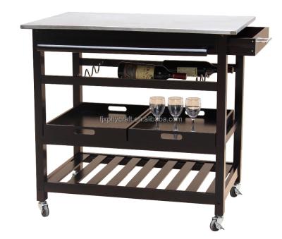 China Solid Wood Black Color Stainless Steel Kitchen Cart With Wine Rack for sale