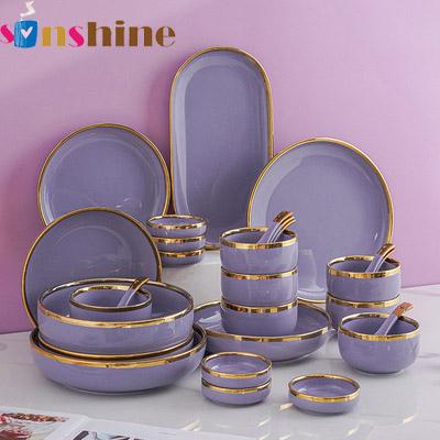 China Nordic Style Light Luxury Dishes Set Home Creative Phnom Penh Purple Ceramic Tableware Bowl and Vegetable Plate Soup Bowl Set for sale