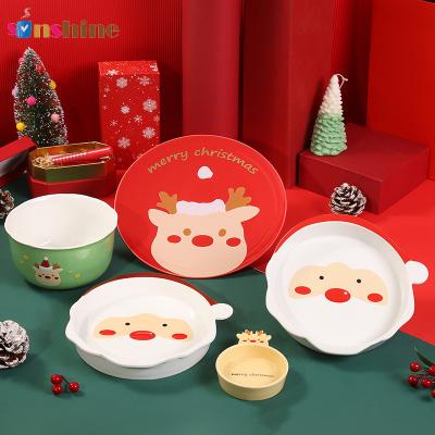 China 2022 New Christmas Decoration Dinner Plate Cartoon Elk Xmas Ceramic Dinnerware Sets for sale