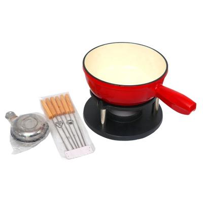 China Sustainable enamel cast iron camping fondue pot and 6 fondue forks included for sale