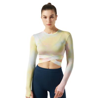 China Hot Selling Fashion Breathable Tie Dye Cross Edge Design Yoga Sports Long Sleeve Top Top for sale