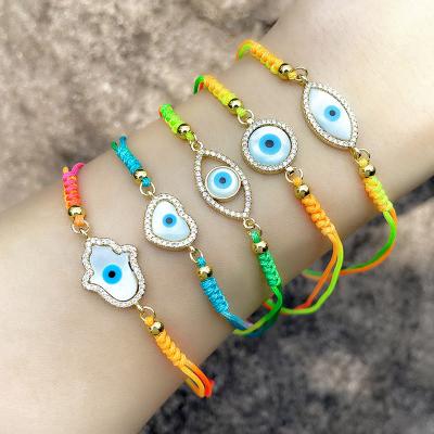 China TRENDY Hand & Woven Colorful Braided Bracelets Shell Marquise Evil Eye Hamsa Charm Zircon Sea BROOM Rope Bracelet For Women Jewelry 2021 for sale