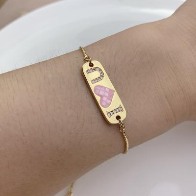 China Adjustable Shell Letter Pink Zircon Love Heart Medal Bracelet Femme Jewelry TRENDY Box Chain Charm Bracelets For Women for sale