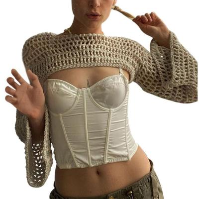 China Anti-wrinkle factory price cheap women see through grunge style knit cropped cover up crew neck shirt crochet shrug for sale