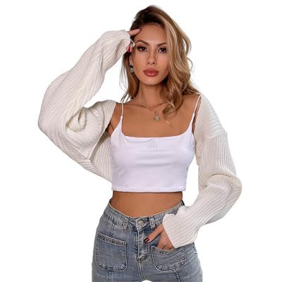 China Anti-Wrinkle Women's Sleeve Front Crop Cardigan Drop Shoulder Open Long Ribbed Knit Bolero Sweater Shrug for sale