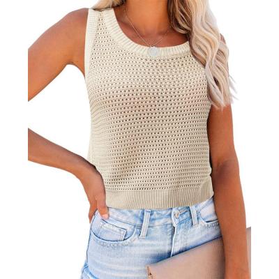 China Anti-Wrinkle Affordable Price Women's Summer Knit Sweater Tops Sleeveless Round Neck Hollow Out Casual Crop Shirt Crochet Tank for sale