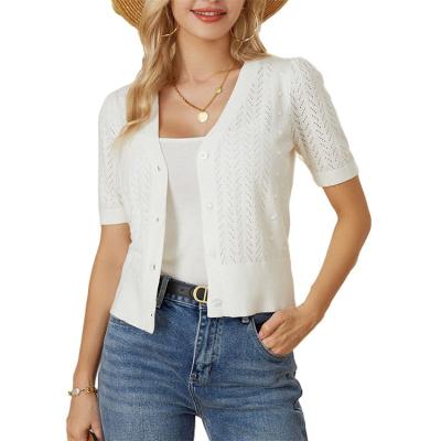 China Anti-wrinkle good quality women's cropped short sleeve crochet knit bolero shrug tops v-neck button up sweater cardigan for sale