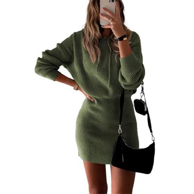 China Good Quality Anti-wrinkle Women's Winter Rib Knit Pullover 2023 Fashion Dresses Long Sleeve Hooded Bodycon Sweater Dress for sale