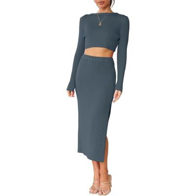 China Hot Selling Anti-Wrinkle Women's Sweater Dress Teams Long Sleeve Crop Top And Ribbed Midi Bodycon Midi Two Piece Sets for sale