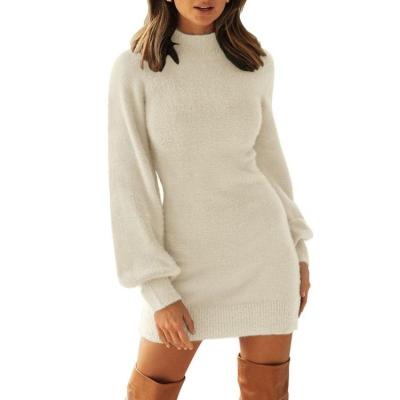 China Wholesale Price Anti-wrinkle Women's Casual Turtle Neck Puff Sleeve Fuzzy Knit Bodycon Pullover Mini Long Sweater Dress for sale