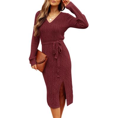 China Anti-wrinkle Women's V-Neck Cable Knit Bodycon Long Sleeve Split Pullover Midi Sweater Dress With Belt for sale