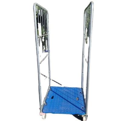 China Industrial 2 Sided Roll Pallet Cage Container Trolley With Plastic Base And Z Frame for sale