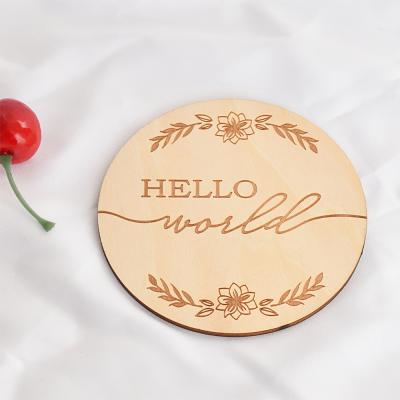 China Hello Natural World Wooden Disc Birth Announcement Card for Baby Shower Gift for sale