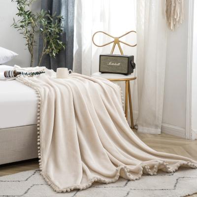 China Anti-pilling spray from MOHAP Mink Blanket Solid Flannel Blanket with Pom Pom for sale