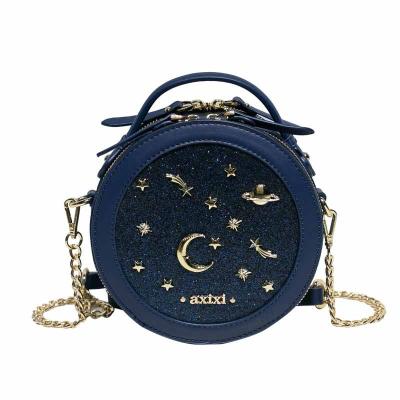 China High Quality Custom Design Moon Stars Rivets Decoration Chain Shoulder Bag Round Shape Glitter Bag for sale