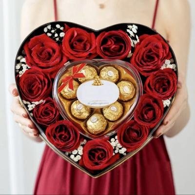 China Custom Recycled Materials Shape Paper Chocolate Box Preserved Eternal Heart Rose Flower In Gift Box With Heart In PVC Gift Box Packaging Wholesale for sale