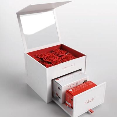 China Wholesale Recyclable Custom Luxury Drawer Jewelry Box Double Layer Rose Flower Gift Box With Earrings Drawer Flower Packaging Paper Box for sale