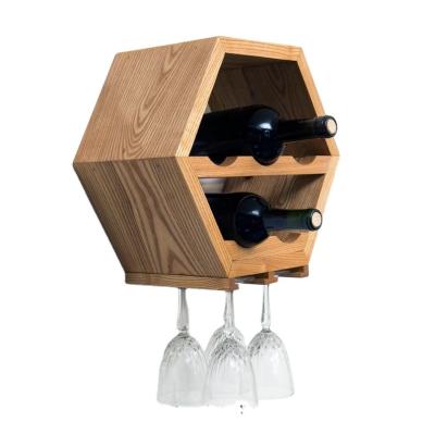 China Solid Wall Mounted Oak Wood Hexagon Red Wine Rack Solid Wine Shelves With Glass Rack for sale