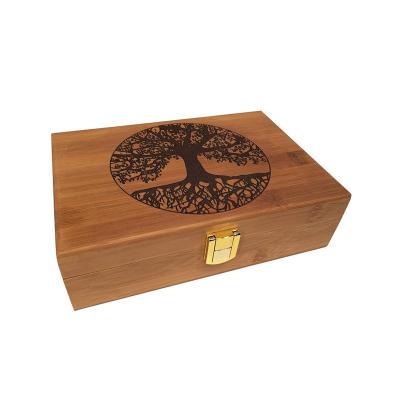 China Europe Tree of Life Stash Wooden Gift Bamboo Box, MIni Wooden Boxes Laser Engraved Tree Design with Hing and Lock for sale