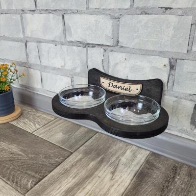 China Customized Non-automatic Wall Mounted Wooden Raised Pet Raised Feeders With Two Glasses Bowls Wooden Raised Pet Bowl for sale