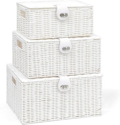 China Sustainable Set of 3 Resin Woven Storage Basket Box with Lid and Lock, Large, Medium, Small, White for sale