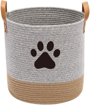 China Sustainable Woven 100% Cotton Rope Storage Bins Basket Organizer For Dog Toys With Leather Handles for sale