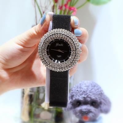 China Wholesale Waterproof Quartz Ladies Watches Diamond Large Dial Round Magnetic Mesh Strap Water Resistant for sale