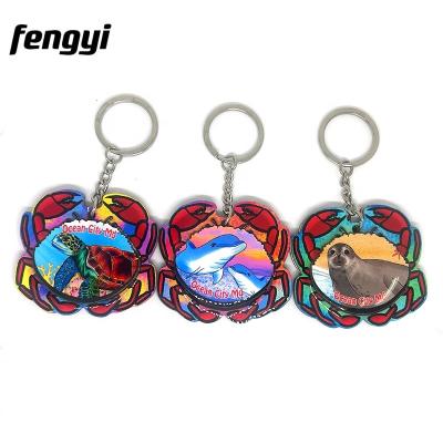 China Custom Printed House Ocean City DM Souvenir Key Chain Crab Form MDF Epoxy Keychain for sale