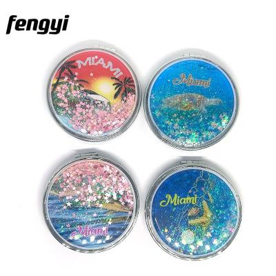 China Personalized Compact/Portable/Foldable/Mini Custom Logo Miami Round Cosmetic Mirror Sand Glitter Makeup Pocket Liquid Leather Mirror for sale