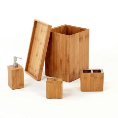 China Sustainable Bamboo Bathroom Accessories Set Tray Lotion Dispenser Soap Dish Natural Bamboo Toothbrush Holder for sale