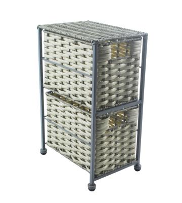 China Sustainable Wholesale Metal Shelf Storage Cabinet With 2 Tier Woven Drawer Plastic Wicker Basket for sale