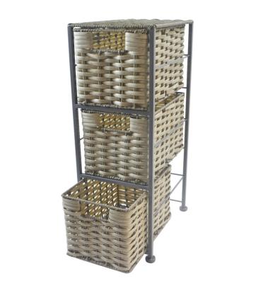 China Popular viable metal shelf and woven rattan drawer cabinet rack with 3 tier plastic wicker basket for sale