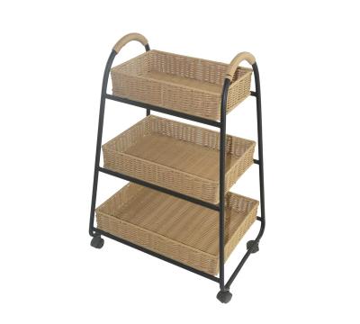 China Sustainable Multifunctional 3 Tier Rattan Storage Basket Plastic Rack With Wheels for sale