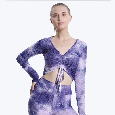 China Breathable Europe and the United States yoga clothes women's fitness long sleeve top tight quick-drying clothes draw rope tie dye sports tops for sale