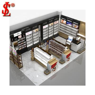 China Shopping Mall Cosmetic Store Supplied Modern Customized Wooden Rack Makeup Display Showcase Cabinet for sale