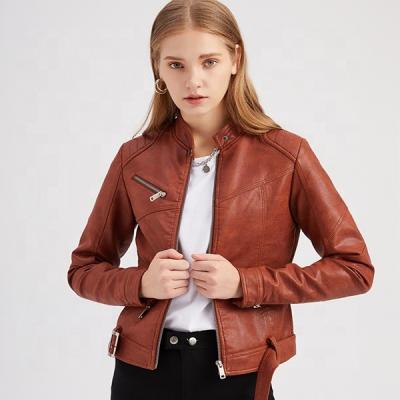 China Short PU Jacket Waterproof Jacket Ladies Streetwear Coat Zipper Women Leather Trim Jackets For Women Shorts With Belt for sale