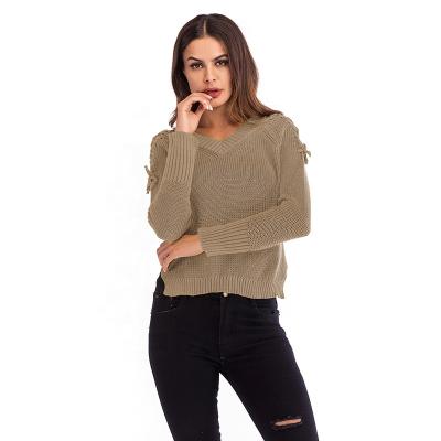 China Cheap Loose Sweater Women Solid Color V-neck Anti-pilling Sweater Long Sleeve Casual Women Lace Up Sweater for sale